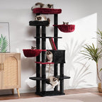 Heybly Cat Tree, 68 inch Multi-Level Cat Tower for Indoor Cats, 2 Widened Plush Perches Cat Condo with Scratching Board and Big Caves, Black and Red HCT025BR