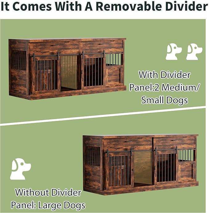 70.9" Dog Kennel Indoor Large, Wooden Farmhouse Dog Crate Furniture with with Divider, Furniture Dog Crate Large Dog