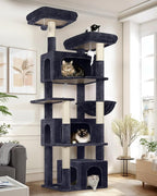 Globlazer Sturdy Cat Tree for Large Cats, 77 inch Large Cat Climbing Tower for Indoor Adult Cats, Cat Scratching Tower with 5 Scratching Posts, 3 Cat Condos, 2 Top Perches, S77, Dark Grey