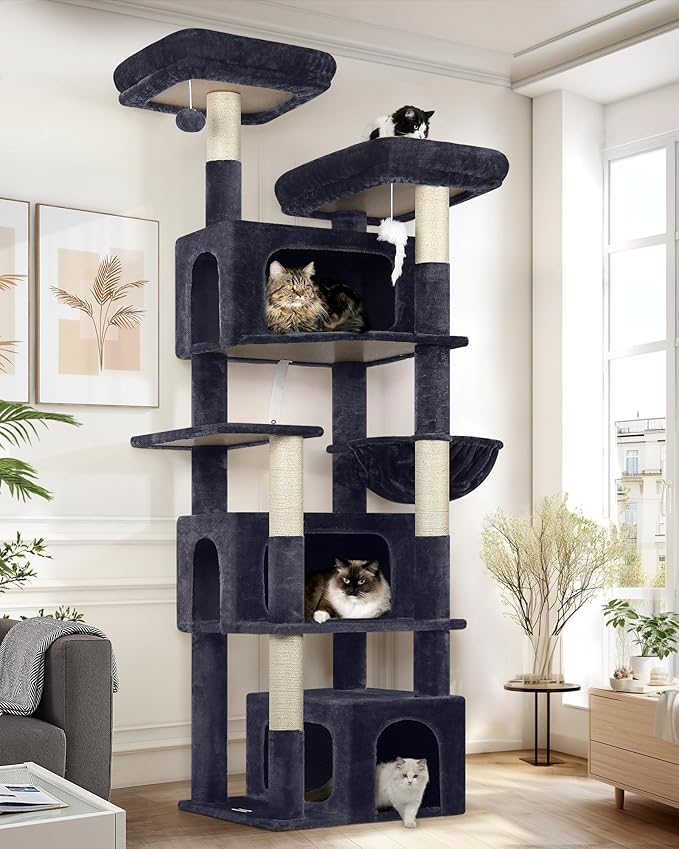 Globlazer Sturdy Cat Tree for Large Cats, 77 inch Large Cat Climbing Tower for Indoor Adult Cats, Cat Scratching Tower with 5 Scratching Posts, 3 Cat Condos, 2 Top Perches, S77, Dark Grey