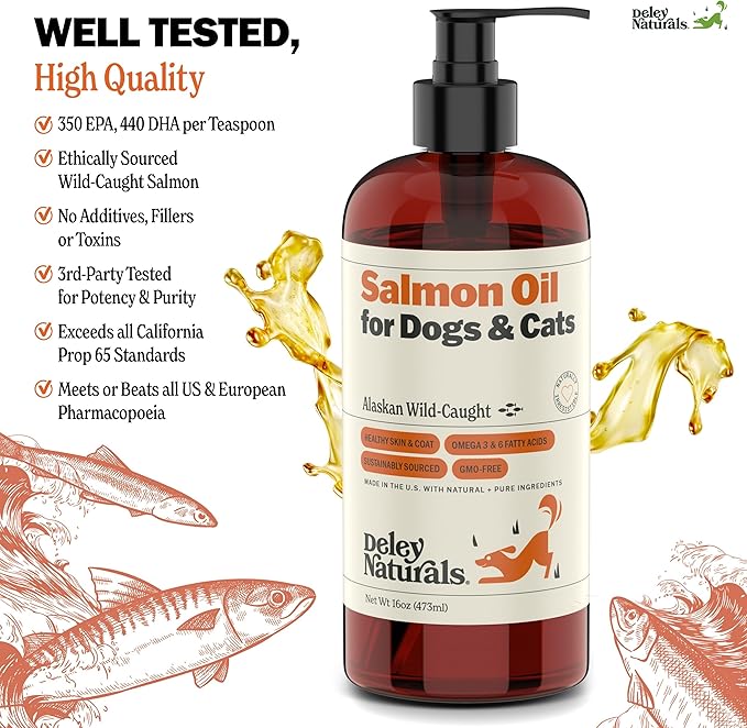 Deley Naturals Wild Alaskan Salmon Oil for Dogs - New & Improved Salmon Oil Plus Formula - Fish Oil for Dogs with DHA EPA Omega 3 & 6 Fatty Acids - Omega 3 Fish Oil for Skin & Coat - 16oz Made in USA