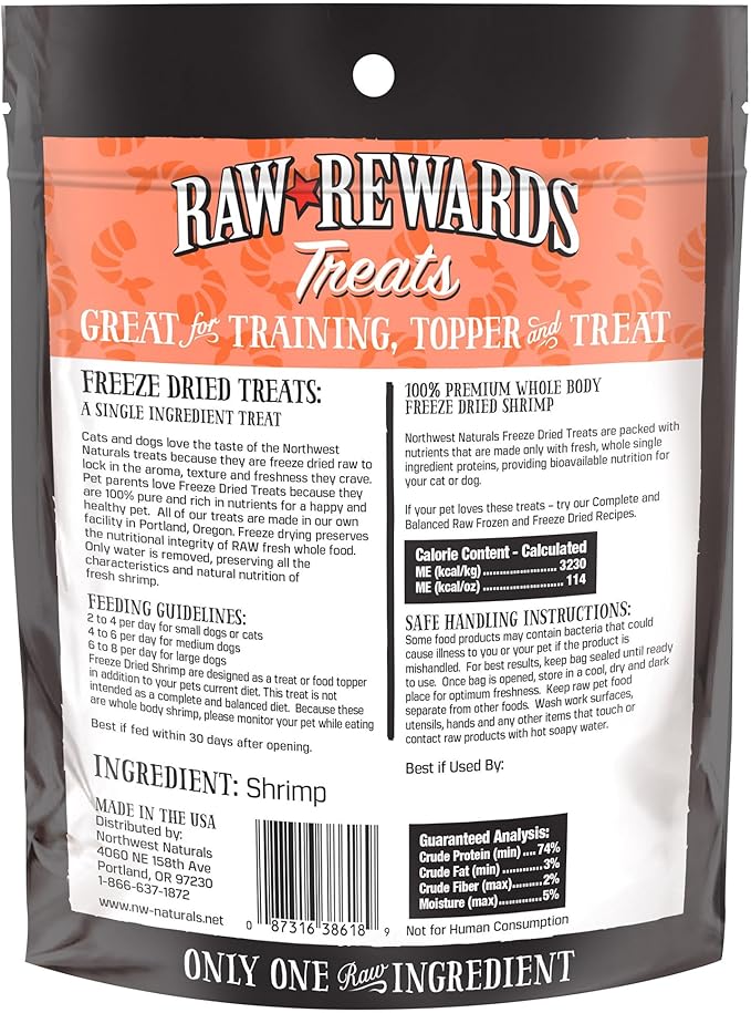 Northwest Naturals Raw Rewards Freeze-Dried Shrimp Treats for Dogs and Cats - Bite-Sized Pieces - Healthy, 1 Ingredient, Human Grade Pet Food, All Natural, Proudly Made in USA, 1 Oz