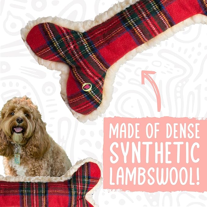 HuggleHounds Tartan Tidings Plush Bone Dog Toy - Dog Fuzzy Bone Toy, Soft Fleece, Durable, Stuffed Plush for Large Breeds, Puppies, Faux Sheepskin - 12" (1 Pack)