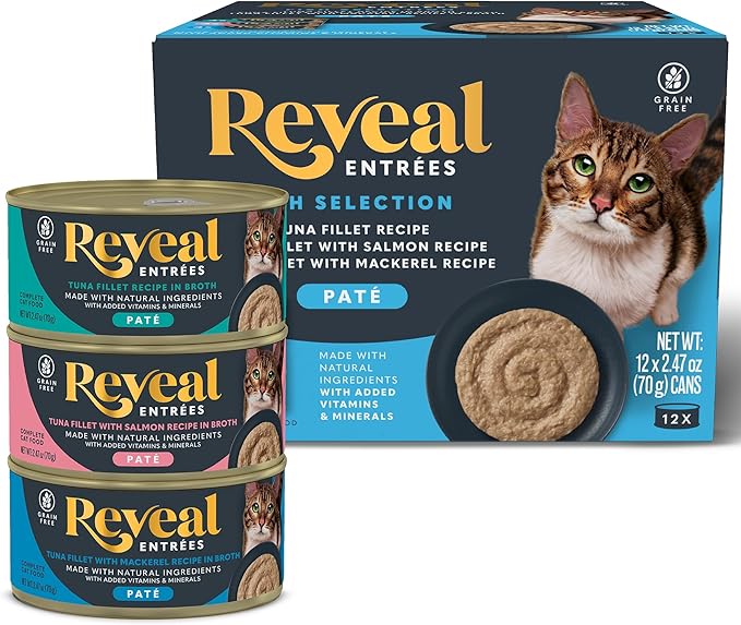 Reveal Entrées Natural Wet Cat Food Paté, Grain-Free with Added Vitamins & Minerals, Carrageenan-Free Protein, Fish Variety Selection Paté (12 x 2.47 oz Cans)