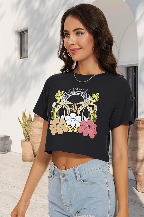 Womens Summer Crop Tops Short Sleeve Round Neck T-Shirts Loose Fit Casual Blouse