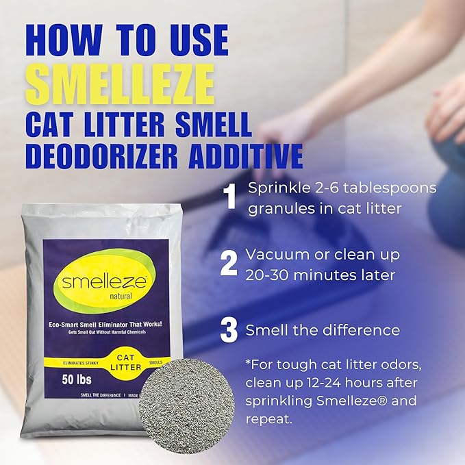 SMELLEZE Natural Cat Litter Smell Eliminator Deodorizer Additive: 50 lb. Rids Strong Urine & Poop Stench. Change Kitty Box Litter Less. Safe for Cats. Unscented