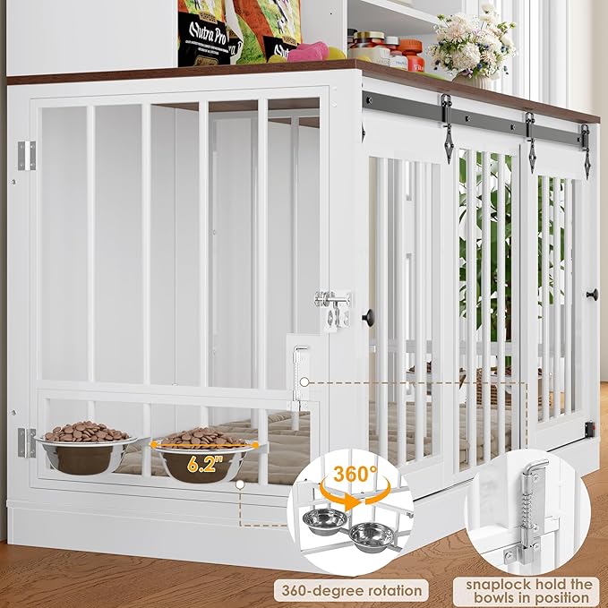 TTVIEW 71"H x 55"L Large Dog Crate Furniture with Hutch Shelf and Glass Door, Indoor Dog Kennel with Divider and Feeding Bowls for Large Dogs 2 Pets, Heavy Duty Dog Cage Pet House with 4 Doors, White