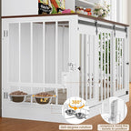 TTVIEW 71"H x 55"L Large Dog Crate Furniture with Hutch Shelf and Glass Door, Indoor Dog Kennel with Divider and Feeding Bowls for Large Dogs 2 Pets, Heavy Duty Dog Cage Pet House with 4 Doors, White