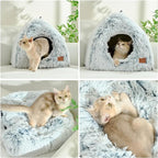 CATISM Cat Bed, Cat Cave for Indoor Cats, Soft Cat Dome, Self-Warming 2 in 1 Foldable Pet Cat House with Washable Cushioned Pillow Calming Fluffy Dog Beds for Small Dogs with Anti-Slip Bottom Gray