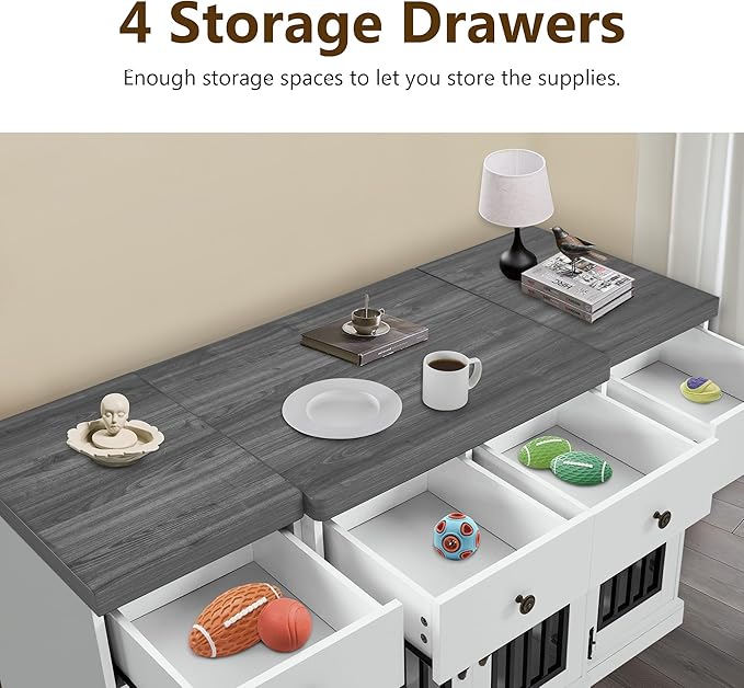 MCombo Wooden Dog Crate Furniture with 4 Drawers and 4 Lockable Doors, Pet Kennel TV Stand for Medium/Large Dogs 1872 (White and Grey)