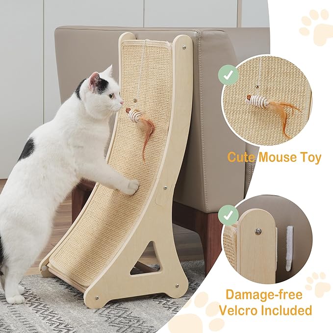 Curved Cat Scratcher, L-Shaped Sisal Cat Scratching Pad for Indoor Cats, 25.6" Cat Furniture Protector with Interactive Mouse Toy, Durable Scratch Board