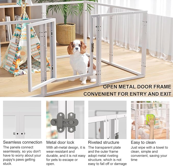 Clear Acrylic Dog Playpen, Indoor Pet Fence with Clear Panels, Easy to Assemble & Clean, Suitable for Rabbits, Cats, Hedgehogs, Small Dogs (39 Inch, 8 Panels)
