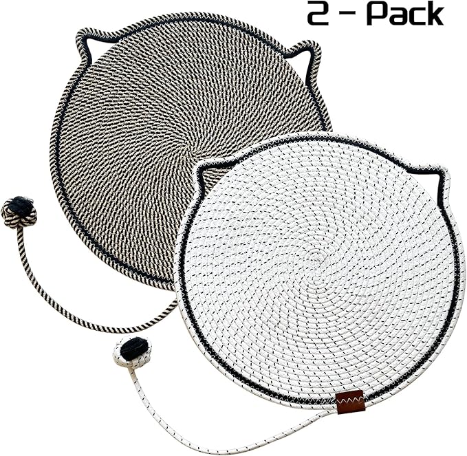 Cat Scratcher Mat Natural Cotton Rope Cat Scratching Pad, Large Size Scratching Pad with Toy (2 Packs 19.6'') (Black + White)