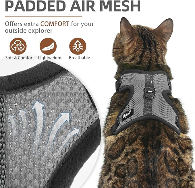 PUPTECK Cat Harness and Leash Set Escape Proof, Reflective Adjustable Soft Mesh Kitten Vest Harness for Walking Travel, Grey, S