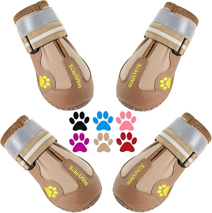 QUMY Dog Shoes for Large Dogs, Medium Dog Boots & Paw Protectors for Winter Snowy Day, Summer Hot Pavement, Waterproof in Rainy Weather, Outdoor Walking, Indoor Hardfloors Anti Slip Sole Khaki 7