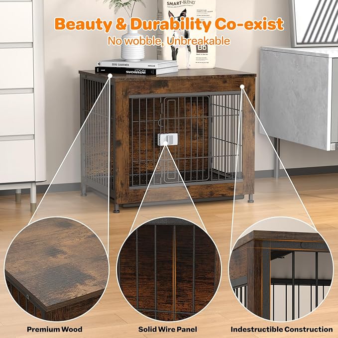 Dog Crate Furniture, Wooden Dog Crate 27in, Decorative Cage with End Table for Dog Indoor Kennel, High Anxiety Dog, Escape-Proof Locks for All Breeds