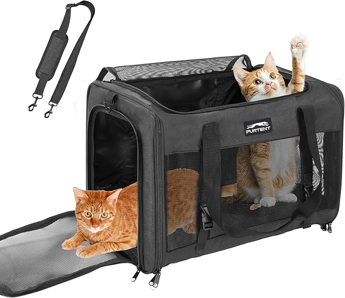 Pet Carrier for Large Cats 25 lbs, Mesh Pets Travel Carriers for Puppy Two Small Cats Rabbits with Shoulder Strap & Removable Mat, Portable Collapsible Puppy Crate Indoor and Outdoor, Black