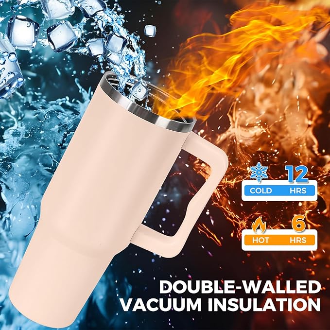 40 oz Tumbler with Handle and Straw Lid Insulated Cup Stainless Steel Water Bottle Travel Mug Gifts for Women Men Kids Trek Collection Thermoses Apricot