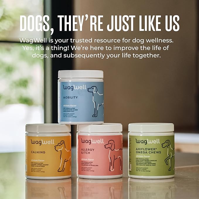 WagWell Dog Calming Chews – Vet-formulated, All Natural, Made in The USA – Anxiety Relief for Dogs, Supports Emotional Balance in Stressful Situations – Chicken-Flavored, 60 Chews