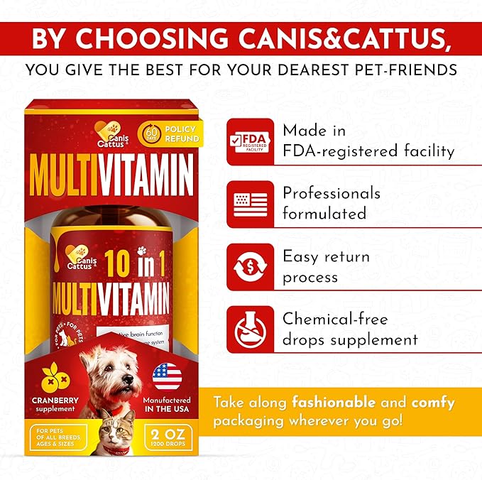 Canis&Cattus 10-in-1 Multivitamin for Dogs and Cats – Daily Glucosamine, Vitamin B, C & D3 Support - Liquid Supplement with Cranberry & MSM – 2 oz