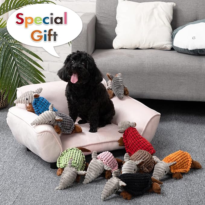 Hollypet Plush Dog Squeaky Toy Stuffed Armadillo Animal Pet Puppy Chew Toys with Clean Teeth for Small Medium Large All Breed Sizes Dogs, Brown, 8 in