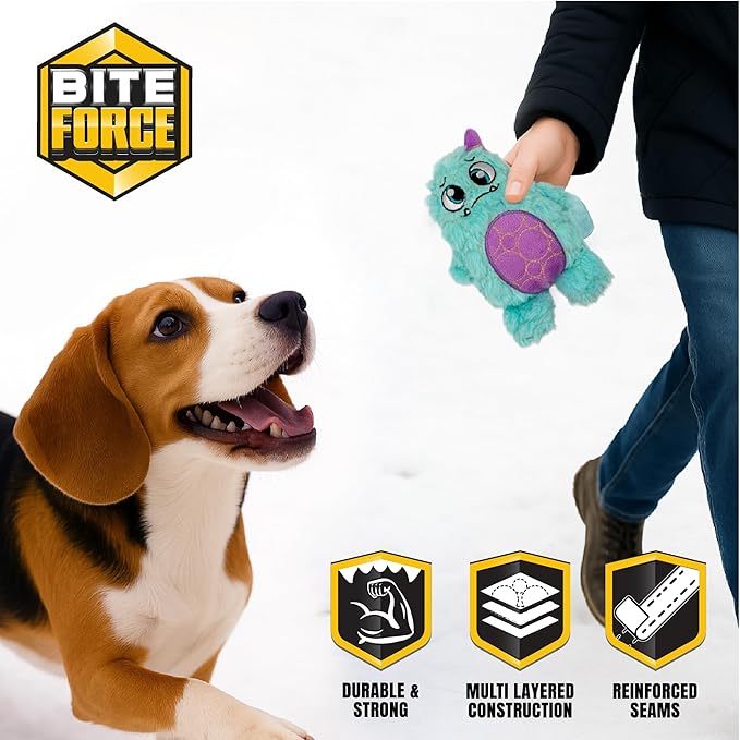 Bite Force - Durable & Strong Dog Toy Light Blue Monster with Squeaker, Kevlar-Reinforced for Aggressive Chewers.