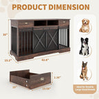 Double Dog Crate Furniture, 63” Large Dog Kennel Furniture with Divider and Sliding Doors, Heavy Duty Dog Kennel Furniture with Drawers and Shelves for Living Room, Retro Brown