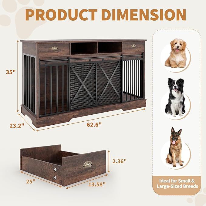 Double Dog Crate Furniture, 63” Large Dog Kennel Furniture with Divider and Sliding Doors, Heavy Duty Dog Kennel Furniture with Drawers and Shelves for Living Room, Retro Brown
