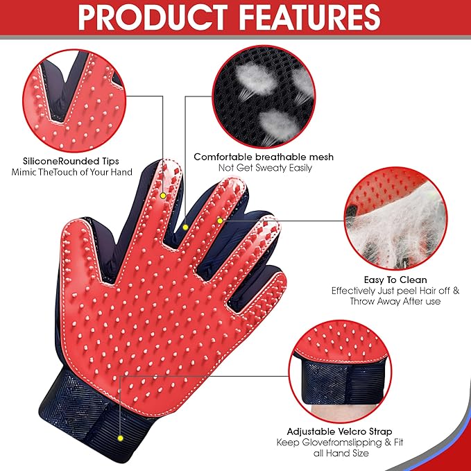 Upgrade Pet Grooming Gloves, Grooming Gloves for Dogs, Cats, Rabbits & Horses with Long and Short Hair, Efficient Pets Hair Remover Mittens - 1 Pair (Red)