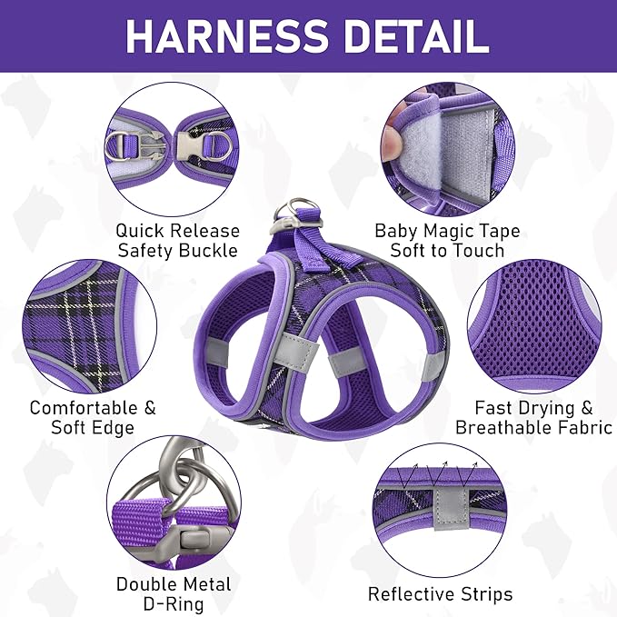GAMUDA Small Dog Harness Collar and Leash Set, Step in No Chock No Pull Soft Mesh Adjustable Dog Vest Harnesses Plaid Reflective for Dogs Puppy Cats Kitten Rabbit (Purple, XXS)