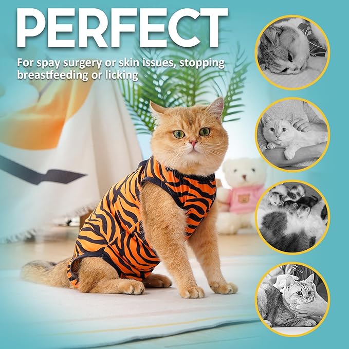 Avont Cat Recovery Suit - Kitten Onesie for Cats After Surgery, Cone of Shame Alternative Surgical Spay Suit for Female Cat, Post-Surgery or Skin Diseases Protection -Tiger(M+)