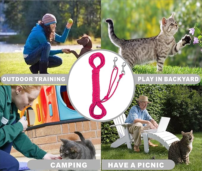 Reflective Cat Leash -50FT Cat Cable Out Escape Proof Walking Leads Yard Long Durable Safe Leash Traning Play Outdoor for Puppies/Kittens/Small Animals(Hotpink)