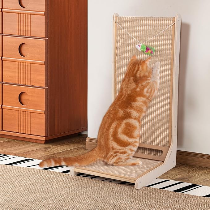 Sisal Cat Scratchers for Indoor Cats, 26.8'' L-Shape Cat Scratching Board, Large Cats Scratching Posts to Protect Furniture, Solid Wooden Cats Scratch Pad with Mouse Toy(Vertical Scratcher)