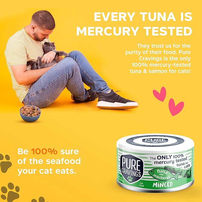 Minced Tuna and Mackerel Wet Canned Cat Food, 100% Mercury-Tested Tuna, Moist Can Fish for Cats, Grain-Free, Protein, Non-GMO, 3oz, Pack of 12