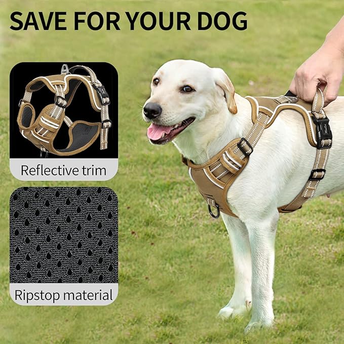 HEELE Dog Harness, Dog Harness for Small Medium Large Dogs No Pull Adjustable Padded Reflective Harness with Handle for Walking Training, Brown, XS