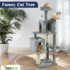 58.5inch Large Cat Tree Tower Condo for Indoor Cats, Soft Plush Multi-Level Climbing Tree Cat House, Scratching Post, More Entrance/Exit, Sisal Rope, Grey