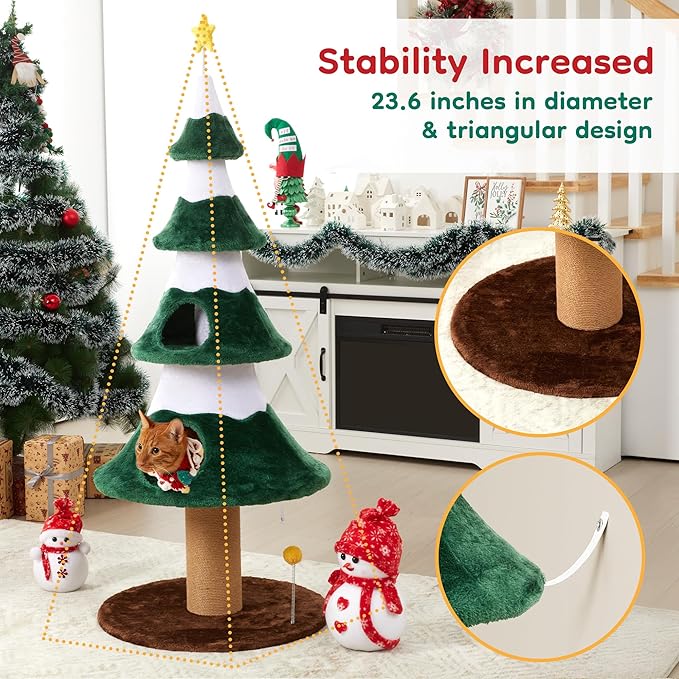62" Christmas Tree Cat Tower for Indoor Cats, Multi-Level Wooden Cat Tree with Scratching Posts, Sisal Cat Scratcher & Cozy Cat Beds,Green