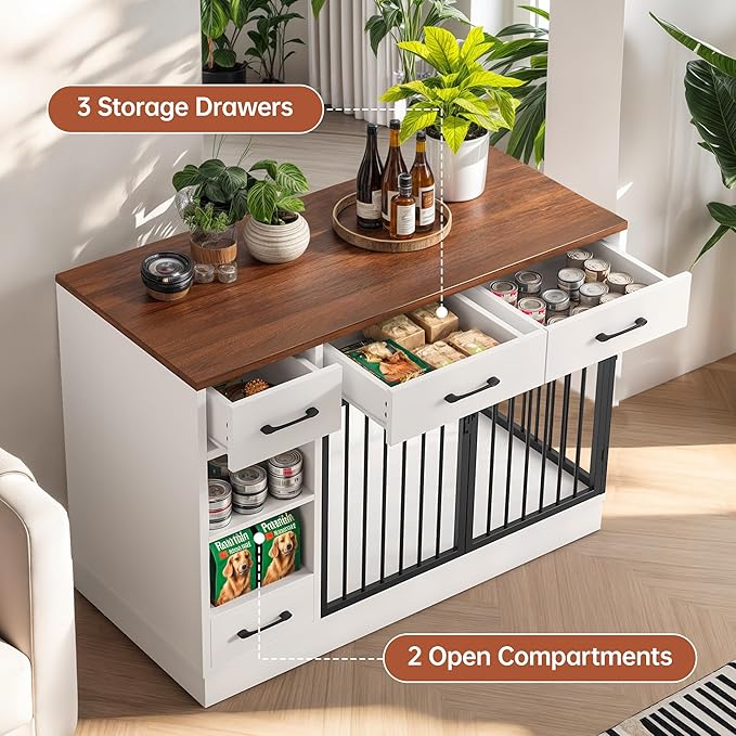 47.2" Large Dog Crate Furniture with 3 Storage Drawers & Hidden Bowl - Wooden Indoor Dog Kennel with Adjustable Shelf, 2 Doors for Small/Medium Dogs, Multi-Functional Pet Cage Furniture