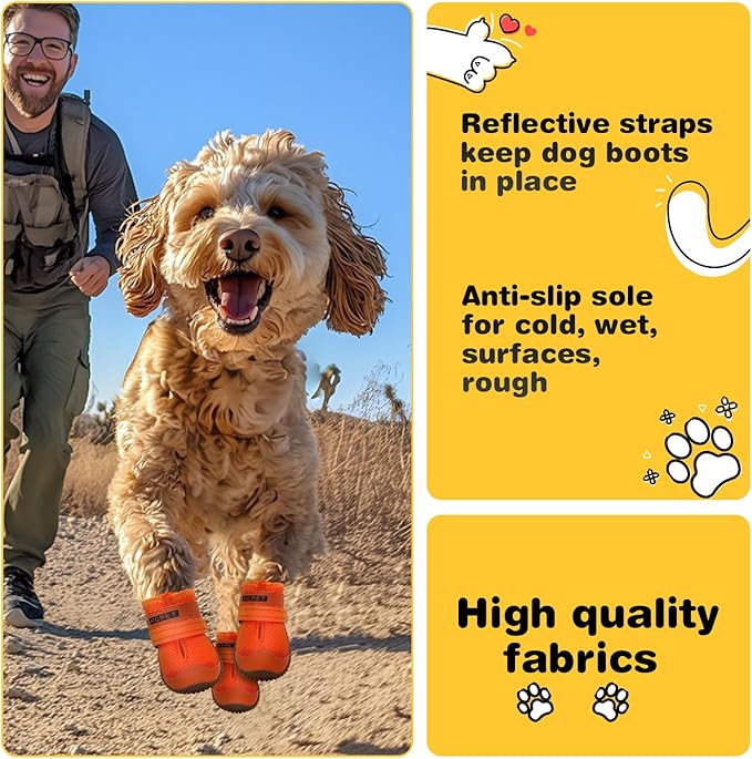 Hcpet Dog Shoes for Large Dogs, Breathable Dog Booties for Small Medium Dogs, Anti-Slip Dog Boots & Paw Protectors for Hot Pavement Winter Snow Hiking with Reflective Straps Orange Size 7