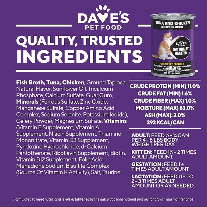 Dave's Pet Food Grain Free Wet Cat Food (Tuna & Chicken Dinner in Gravy), Naturally Healthy Canned, Added Vitamins & Minerals, Wheat & Wheat Gluten-Free, 13 oz (12 Pack)