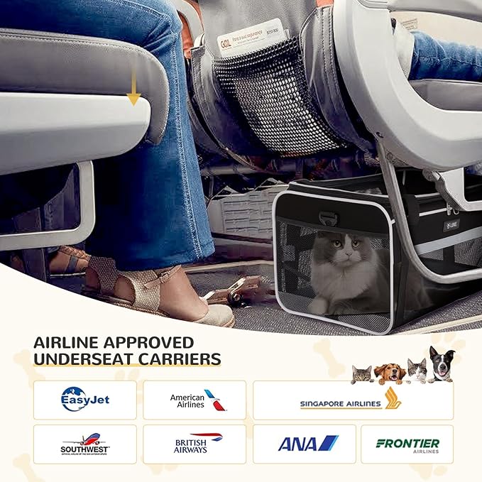 Lekereise Top-Expandable Pet Carrier - TSA Airline Approved Soft Sided Underseat Up to 15lbs Travel Carriers for Small Cats and Dogs with Locking Safety Zippers Anti-Scratch Mesh Black