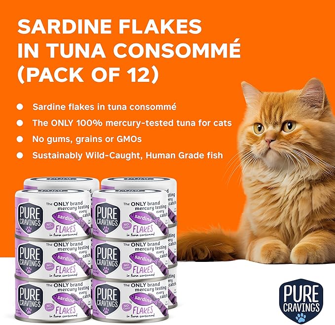 Sardine Flakes in Tuna Consommé, Canned Wet Cat Food Soup, 100% Mercury-Tested, Moist Can Fish, Grain-Free Protein, Non-GMO, 3oz, Pack of 12