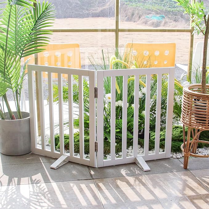 ZJSF Freestanding Indoor Dog Gate for House Foldable Wood White Puppy Gate for Doorways Pet Gate for Stairs Extra Wide Pet Fence 32" Height 2 Panels