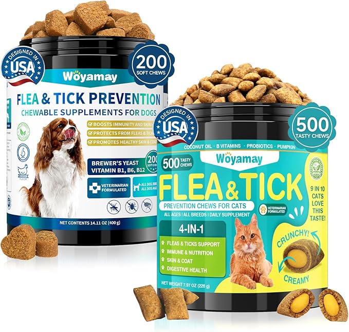 Flea and Tick Prevention Chews Bundle for Cats & Dogs, Natural Oral Flea Treatment, 200 Dog Soft Chews + 500 Cat Crunchy Chews, Daily Multi-Pet Supplement for Flea Defense, Skin & Coat, Immunity