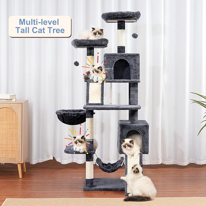 Cat Tree for Indoor Cats, 71'' (180cm) Multi-Level Cat Tower for Large Adult, Sturdy Cat Tree House with 2 Scratching Boards 7 Posts, 2 Plush Perches/Condos, Hammock, Smoky Gray GCT032G