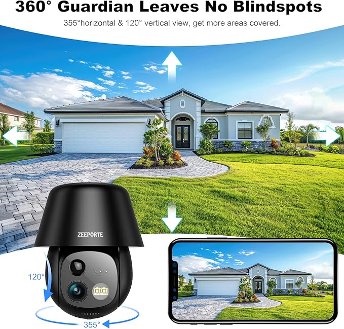 Solar Security Cameras Wireless Outdoor, 2K Pan/Tilt 360° View Solar/Battery Powered WiFi Cameras for Home Security with AI Motion Detection, Spotlight, 2-Way Audio, Siren, IP65, SD/Cloud Storage