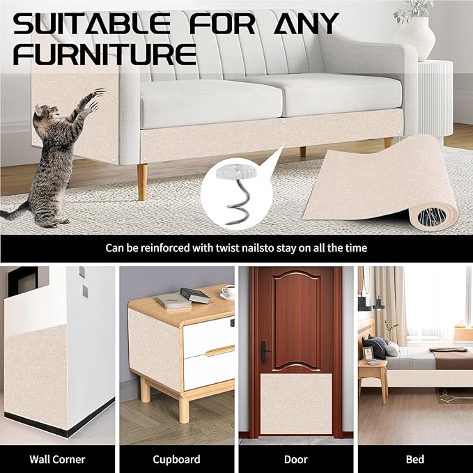 2 Pcs 39.4"x15.8" Cat Scratch Mat, Cat Scratch Couch Furniture Protector, Trimmable Self-Adhesive Cats Scratch Pads, DIY Cat Scratcher for Wall Protector and Covering Cat Tower (Beige)