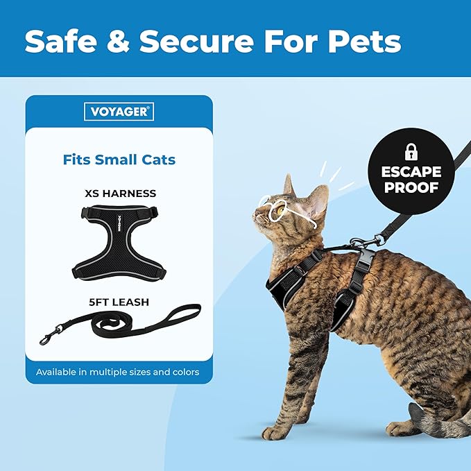 Voyager Escape-Proof Step-in Lock Cat Harness & 5ft Neoprene-Handle Leash Set All-Weather Mesh with Reflective Stitching for Small to Large Cats by Best Pet Supplies, Black (327), XS