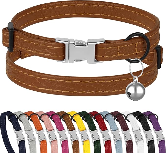Leather Cat Collar with Buckle and Removable Bell - Non Breakaway Adjustable Soft Safety Small Pet Collars for Girl Boy Cats Kitten (Brown)