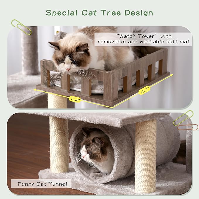 Cat Tree with Tunnel, Cat Tower for Indoor Cats, Tall Cat Tree Tower with Cat Condo, Food Station, Large Platform, Scratching Posts, Hammock, Light Gray GCT021W